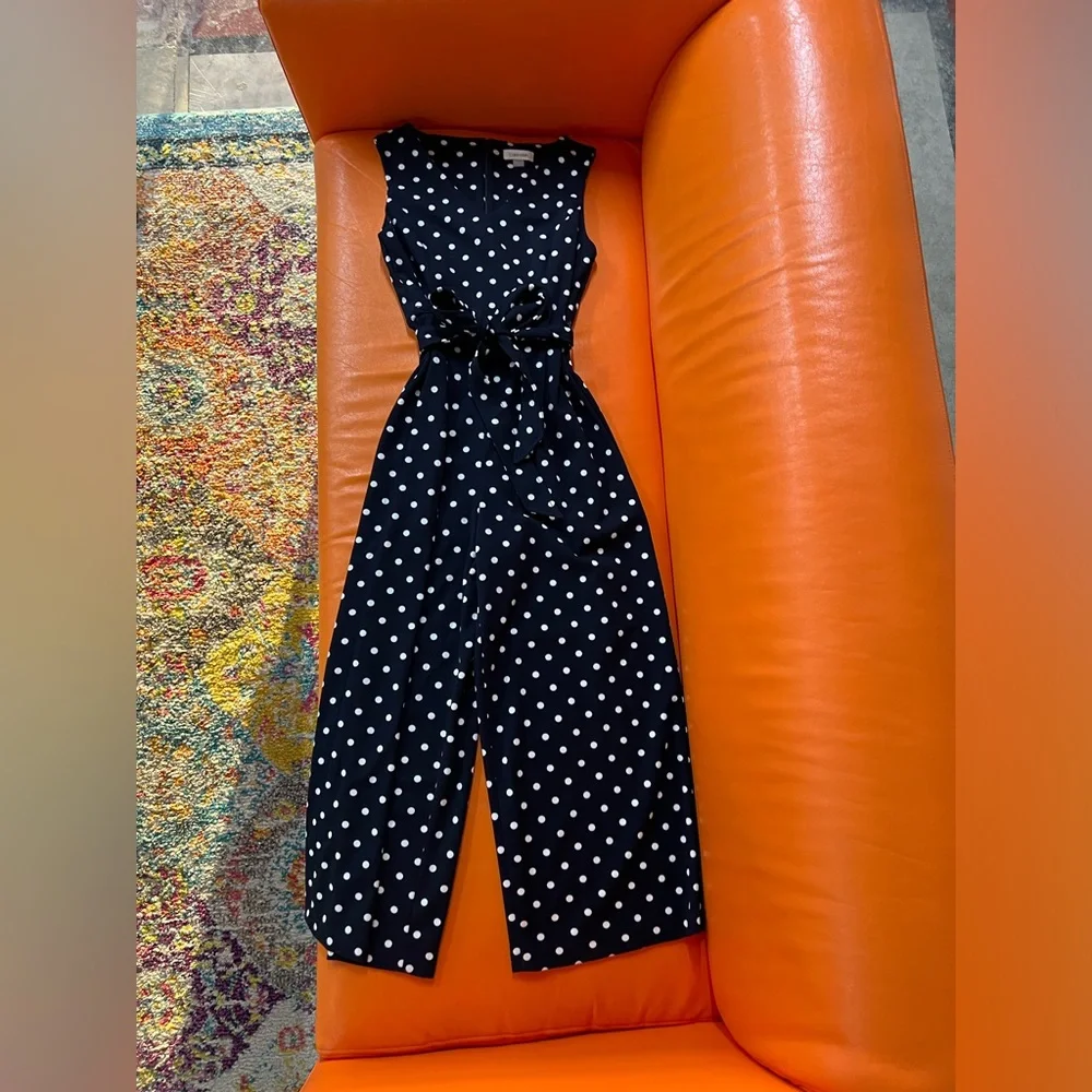 NWT Calvin Klein dark navy polka dot belted wide leg jumpsuit. - Picture 2 of 10